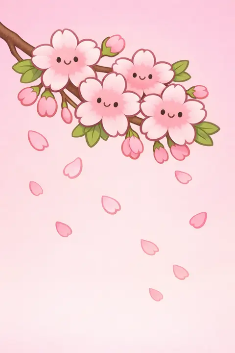 Pink kawaii wallpaper with smiling cherry blossom faces on a branch and drifting petals