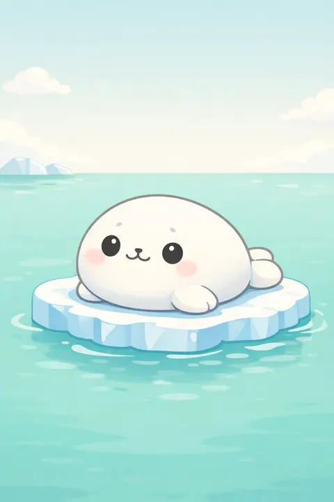 Kawaii wallpaper with a round white seal pup lying on a pastel blue ice floe