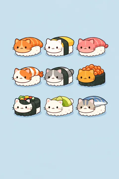 Kawaii wallpaper with a platter of cats shaped like sushi pieces on rice beds