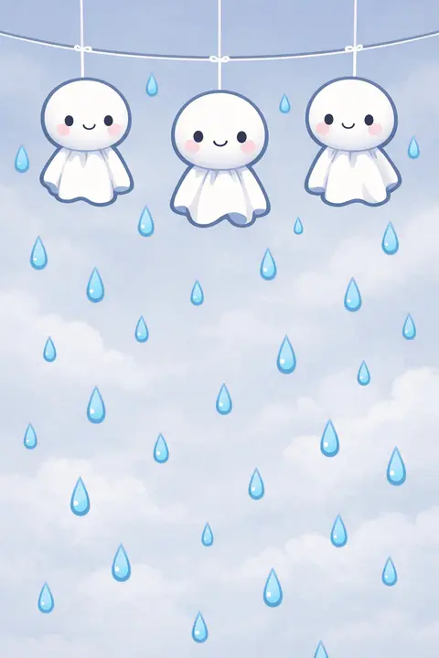Kawaii wallpaper with teru teru bozu rain charm dolls hanging above pastel raindrops