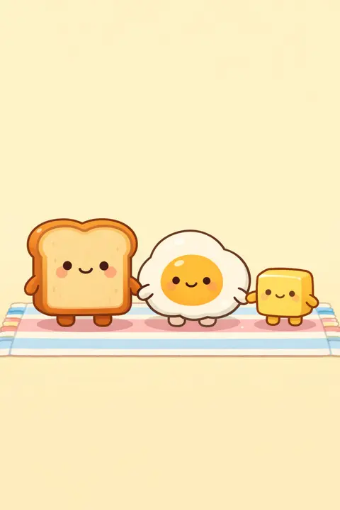 Kawaii food wallpaper with toast, fried egg and butter characters holding hands
