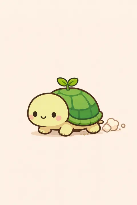 Kawaii wallpaper with a tiny turtle with a leafy sprout growing from its round shell