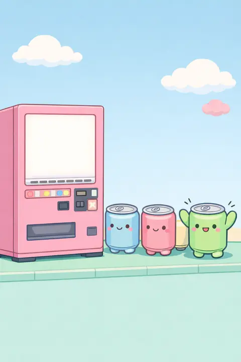 Kawaii wallpaper with a pastel vending machine and drink can characters waiting in line