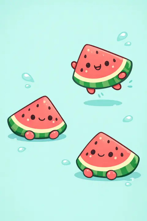 Kawaii food wallpaper with grinning watermelon slices with seed freckles on aqua