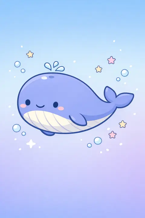 Kawaii wallpaper with a gentle periwinkle whale swimming among doodle stars and bubbles