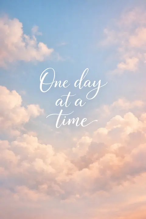 Motivational wallpaper with One day at a time in gentle script over clouds