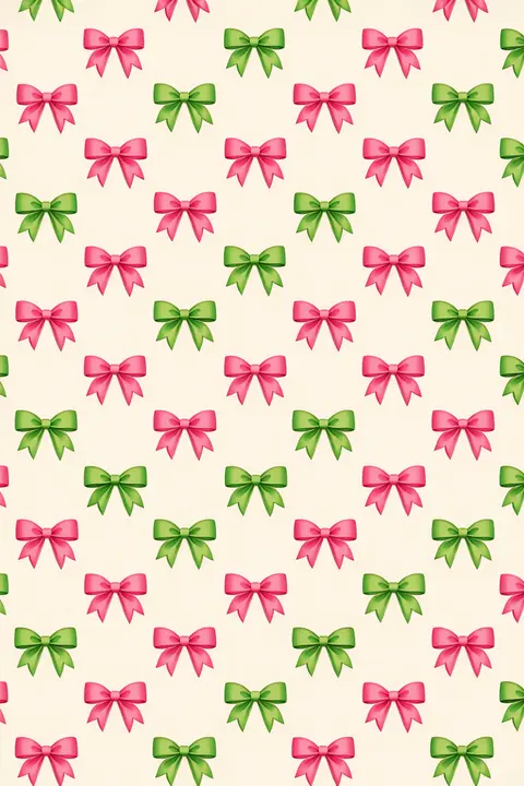 Fondo preppy de lazos de cinta rosa y verde sobre crema