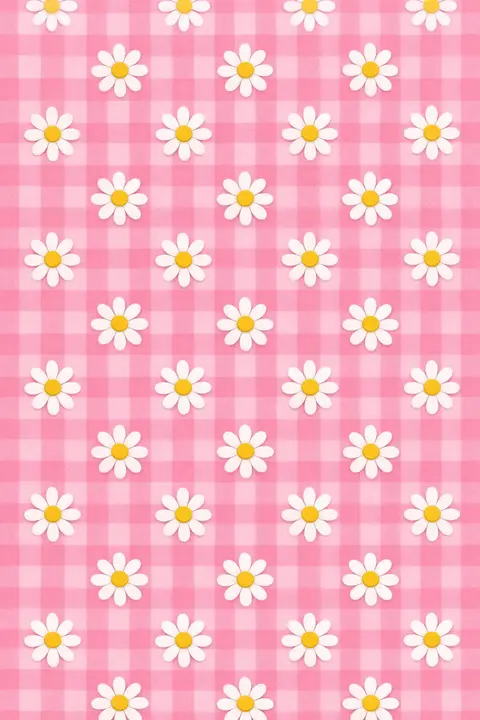Fondo preppy de margaritas blancas sobre una cuadrícula rosa suave