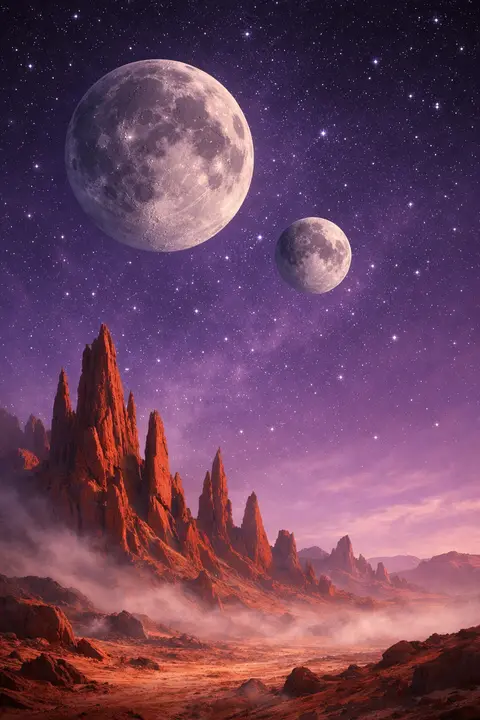 Space wallpaper with an alien planet surface, red rock spires and two moons in a violet sky
