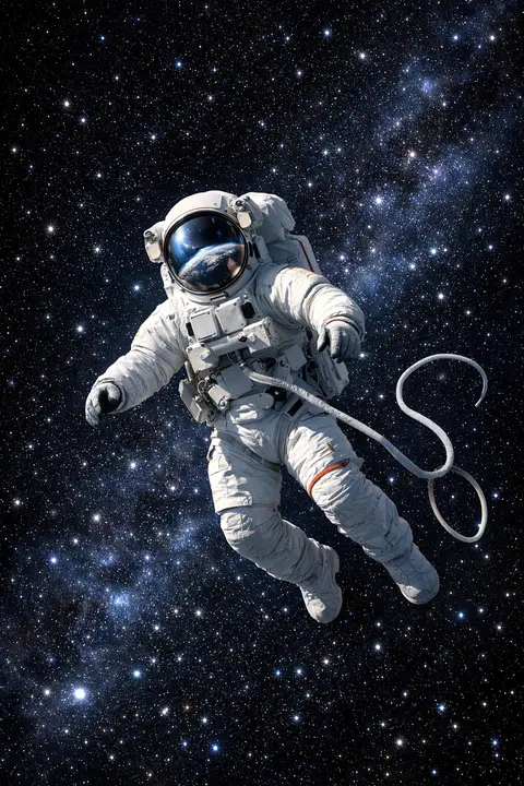 Space wallpaper with an astronaut drifting against a star field and a planet in the visor