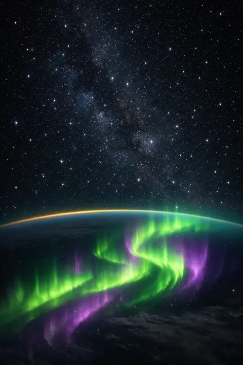 Space wallpaper with green and violet aurora ribbons over a planet seen from orbit above