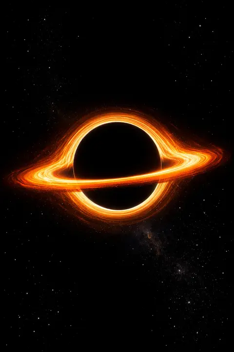 Dark space wallpaper with a black hole ringed by a bent orange accretion disc on pure black