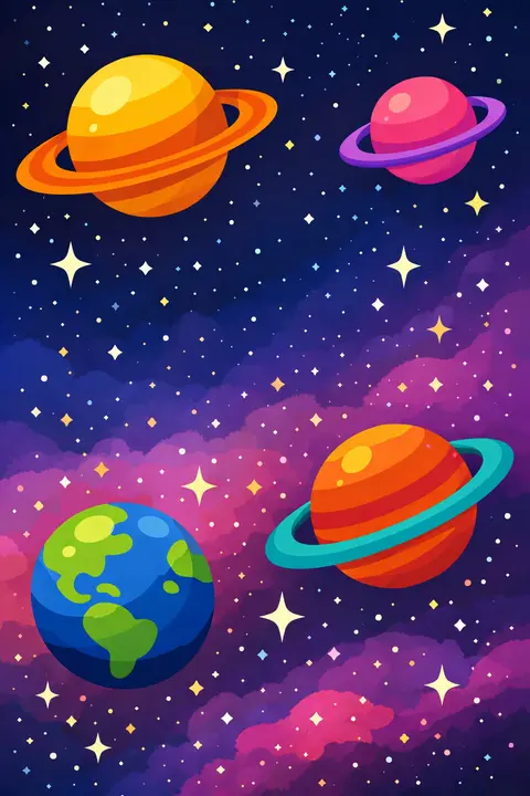 Illustrated space wallpaper with cheerful flat rounded planets, rings and star sparkles