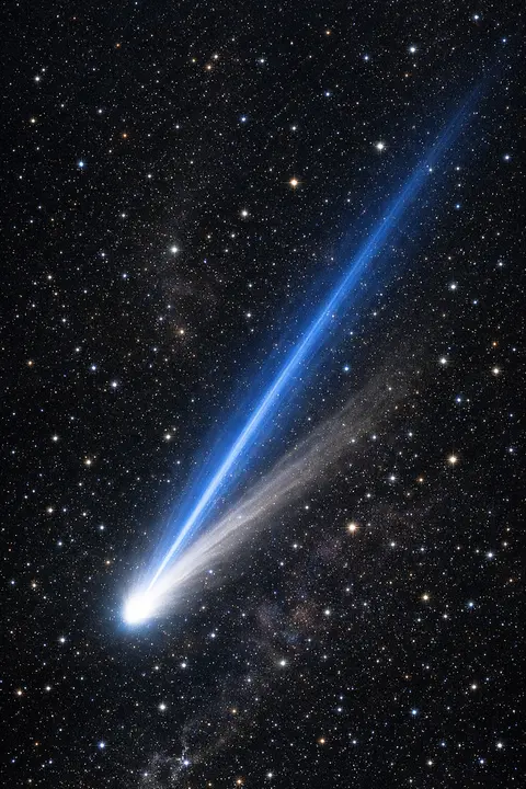Space wallpaper with a bright comet trailing a long blue ion tail past a field of stars
