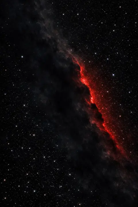 Dark space wallpaper with a black nebula dust lane blocking starlight and rimmed in dim red