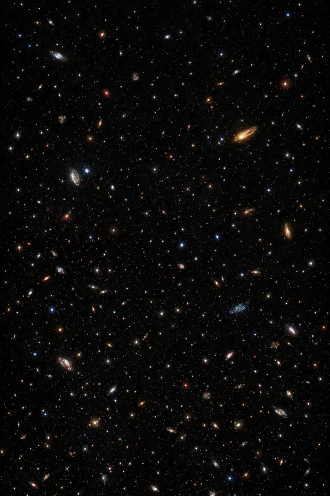 Space wallpaper with a deep field of hundreds of tiny distant galaxies on a dark empty sky