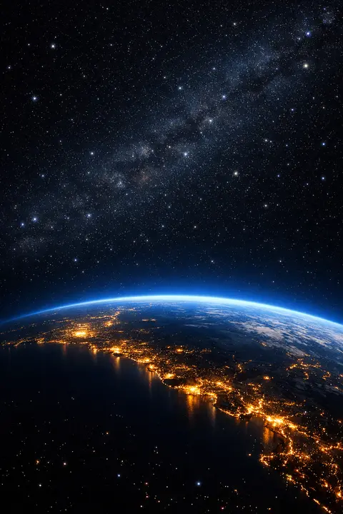 Space wallpaper with the curve of Earth from orbit at night, city lights and a blue limb