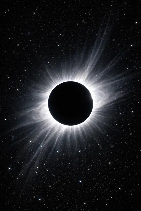 Dark space wallpaper with a total solar eclipse, a black disc ringed by a silver corona