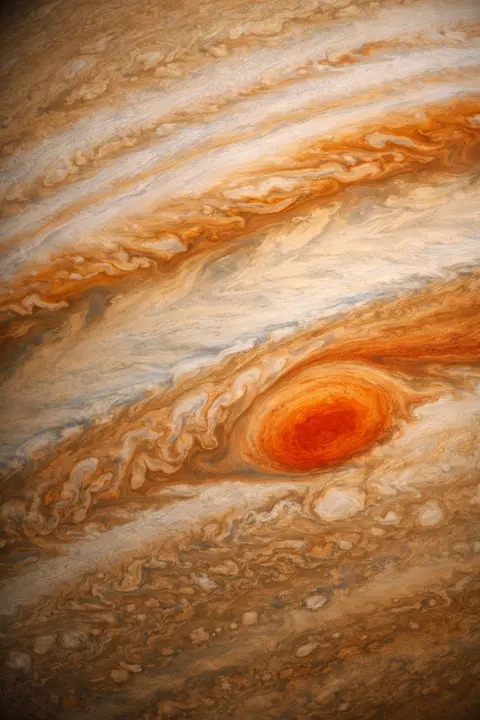 Space wallpaper with Jupiter close up, churning ochre and cream cloud belts and a red storm