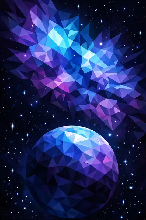 Geometric space wallpaper with a low poly nebula and planet in faceted blues and purples