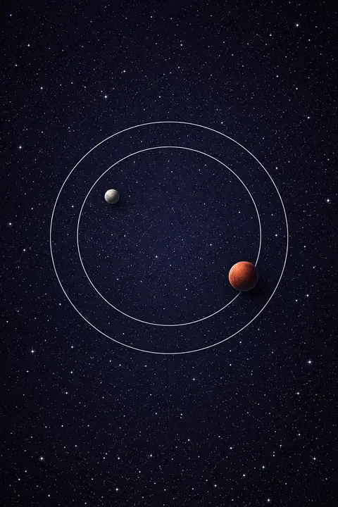 Minimalist space wallpaper with thin white orbit lines and two small planets on deep indigo