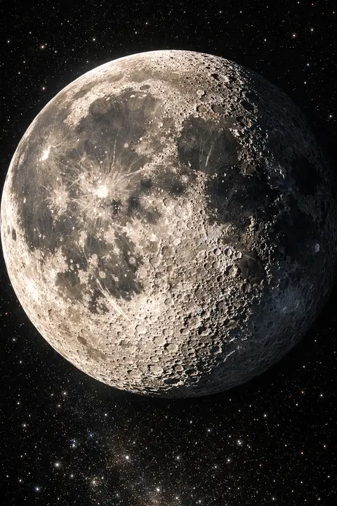 Space wallpaper with the moon close up, raking light across grey craters and long shadows