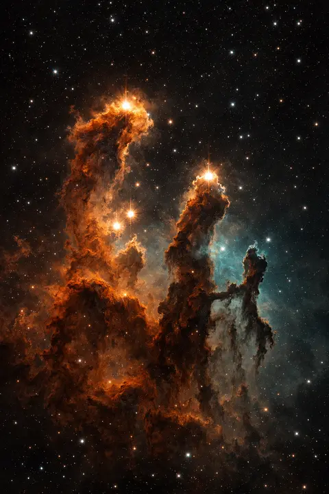 Space wallpaper with towering pillars of nebula gas in rust and teal lit by newborn stars