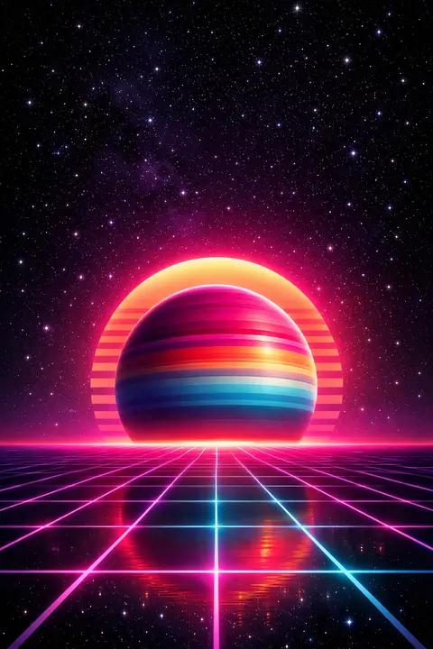 Neon retro space wallpaper with a striped planet above a glowing magenta and cyan grid