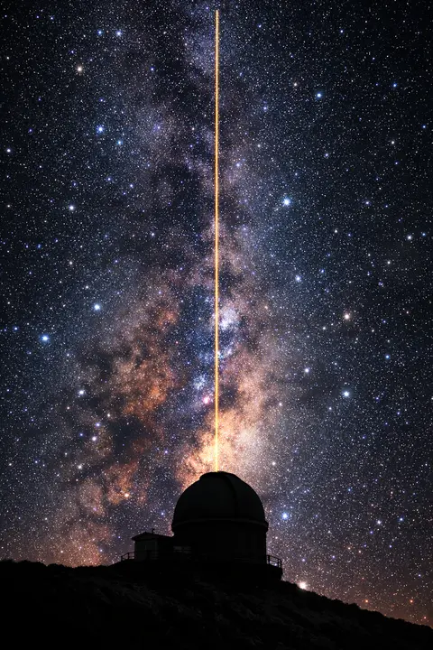 Space wallpaper with a domed observatory silhouette on a ridge under a dense star field