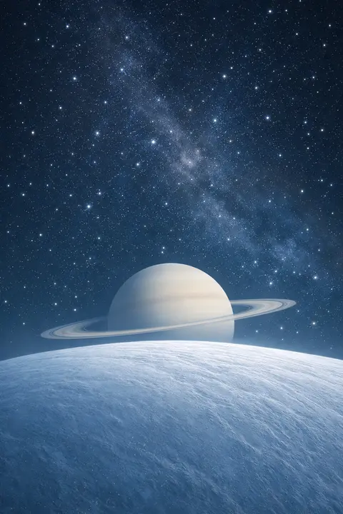 Calm space wallpaper with a pale ringed planet rising over the horizon of an icy moon