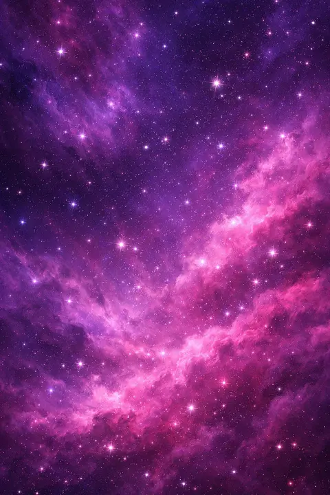 Purple space wallpaper with a violet and magenta nebula glowing behind scattered bright stars