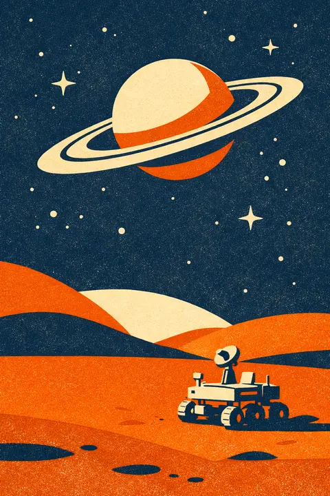 Retro space wallpaper drawn like a 1970s screen printed travel poster with a ringed planet