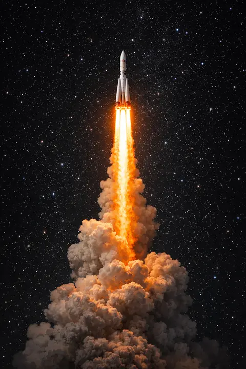 Space wallpaper with a rocket climbing at night on a column of orange flame and smoke
