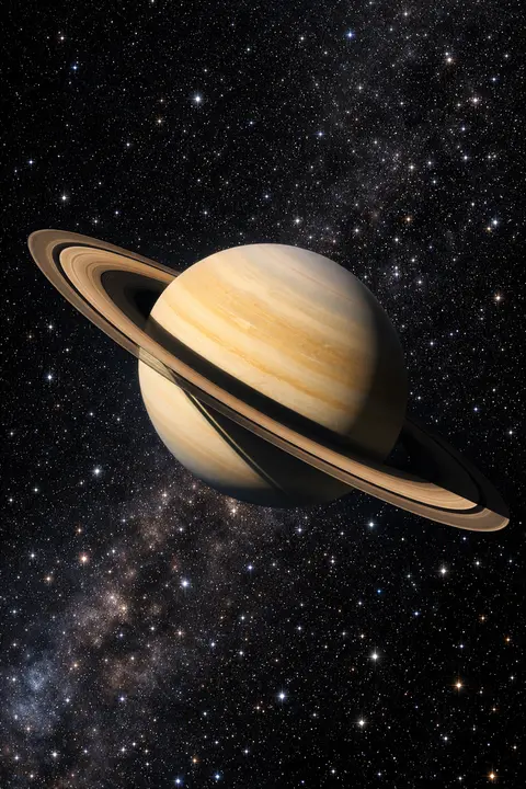 Space wallpaper with Saturn tilted and the shadow of its rings falling across cream cloud bands