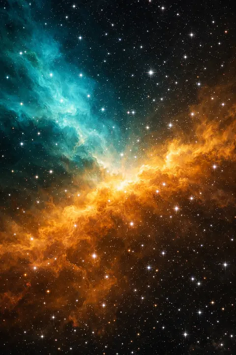 Space wallpaper with a teal and warm gold cosmic cloudscape and sharp white stars over it