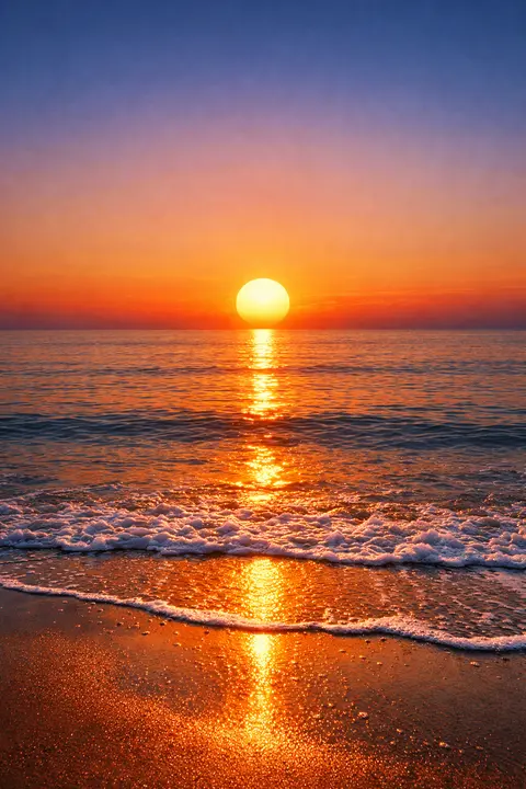Sunset wallpaper with a low sun over calm ocean water and a long orange reflection to the shore