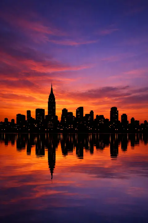 Sunset wallpaper with a city skyline silhouette against a burning orange and violet sky