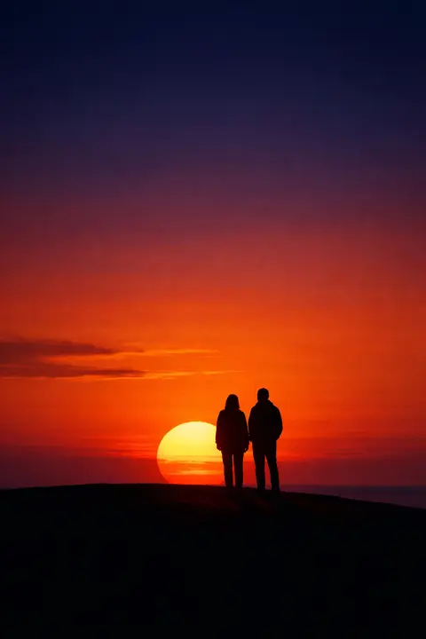 Sunset wallpaper with two people in silhouette on a ridge watching the sun touch the horizon