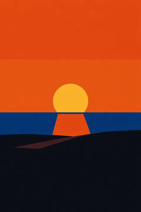 Illustrated sunset wallpaper with flat bold shapes, a circle sun and three bands of colour