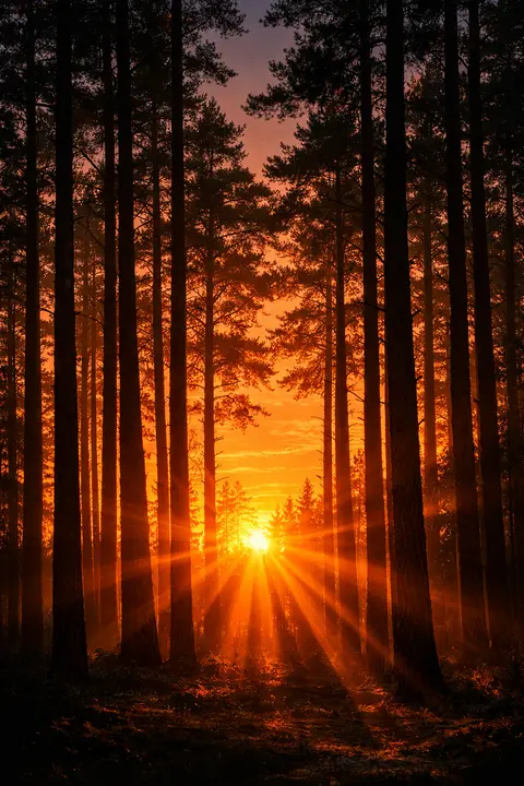 Sunset wallpaper with tall pines backlit by warm light pushing between the trunks