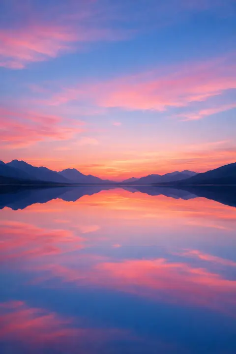 Sunset wallpaper with a still lake mirroring a pink sky so the horizon nearly disappears