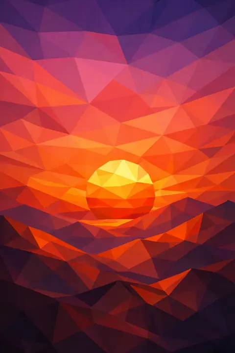 Geometric low poly sunset wallpaper with faceted hills and a sky broken into triangles