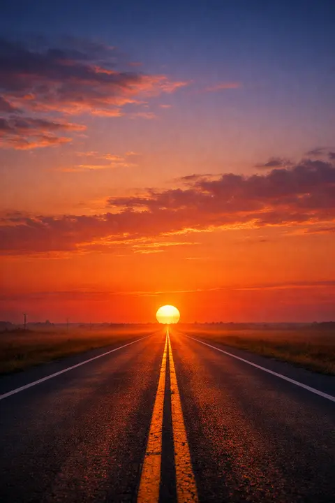 Sunset wallpaper with an empty straight road running towards a sun on the horizon