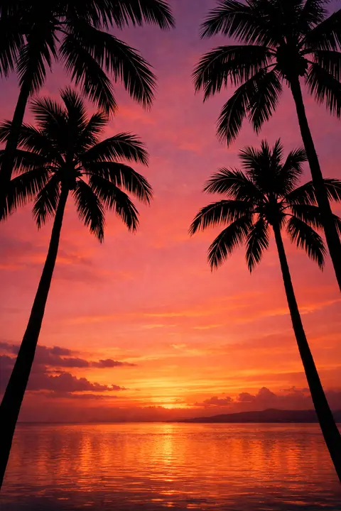 Tropical sunset wallpaper with black palm tree silhouettes against an orange and pink sky