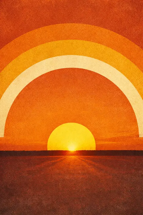 Retro sunset wallpaper with 1970s bands of burnt orange, mustard and cream around a half sun