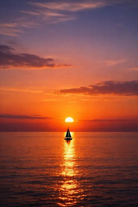 Sunset wallpaper with a small sailboat in silhouette inside the sun reflection on calm water