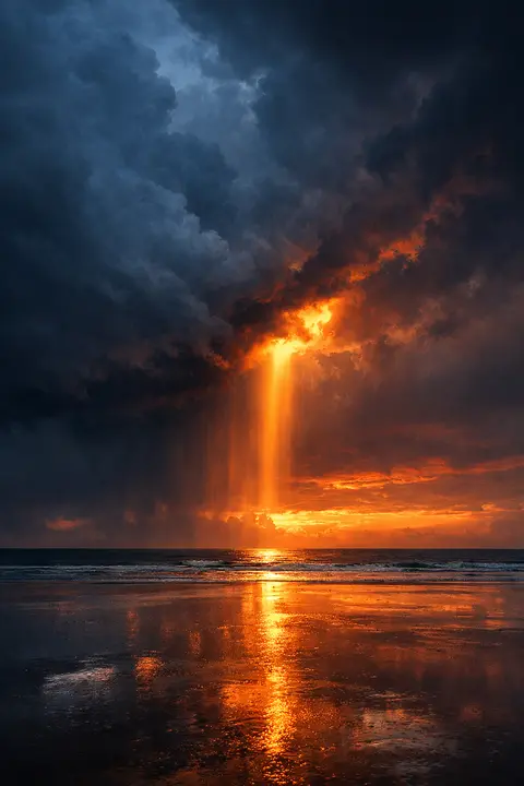 Sunset wallpaper with heavy storm cloud split by a shaft of hot orange light at the horizon