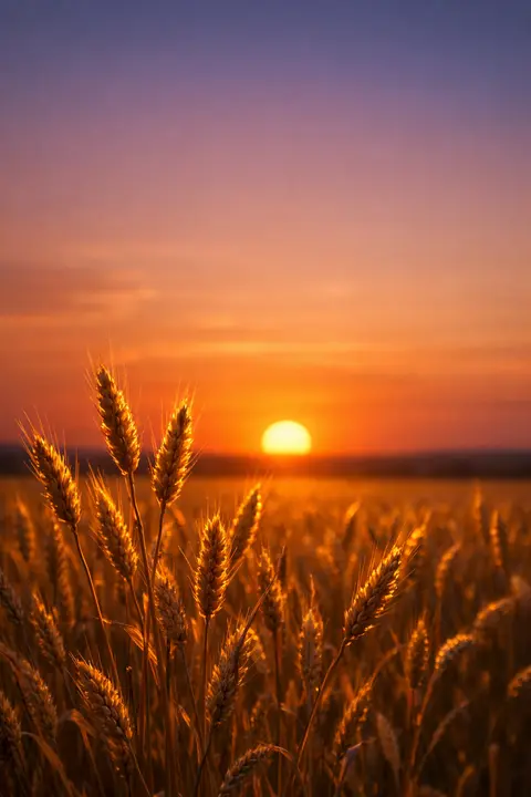 Sunset wallpaper with a wheat field lit from behind so the grain heads glow gold