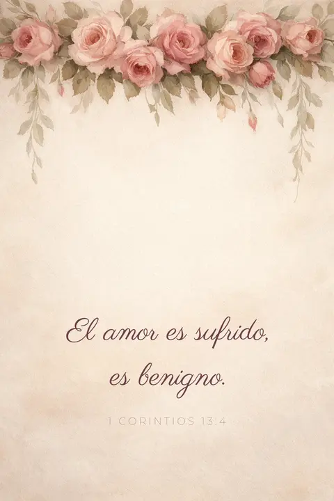 Fondo de pantalla cristiano con 1 Corintios 13:4 en caligrafía bajo un borde de rosas de acuarela