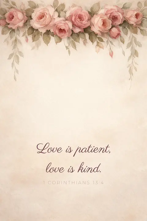 Bible verse wallpaper with 1 Corinthians 13:4 in script lettering under a border of dusty rose watercolour roses